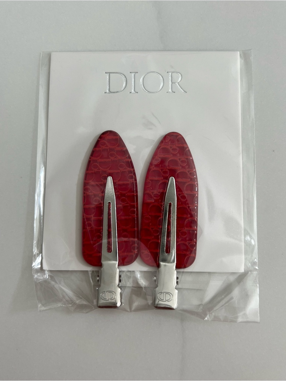 Dior Red Resin Logo Hair Clips